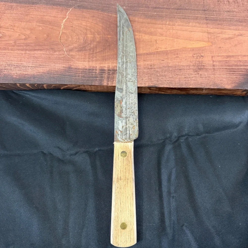 Old Hickory Tru-Edge Butcher Knife Carbon Steel Wood Handle Made in USA Vintage